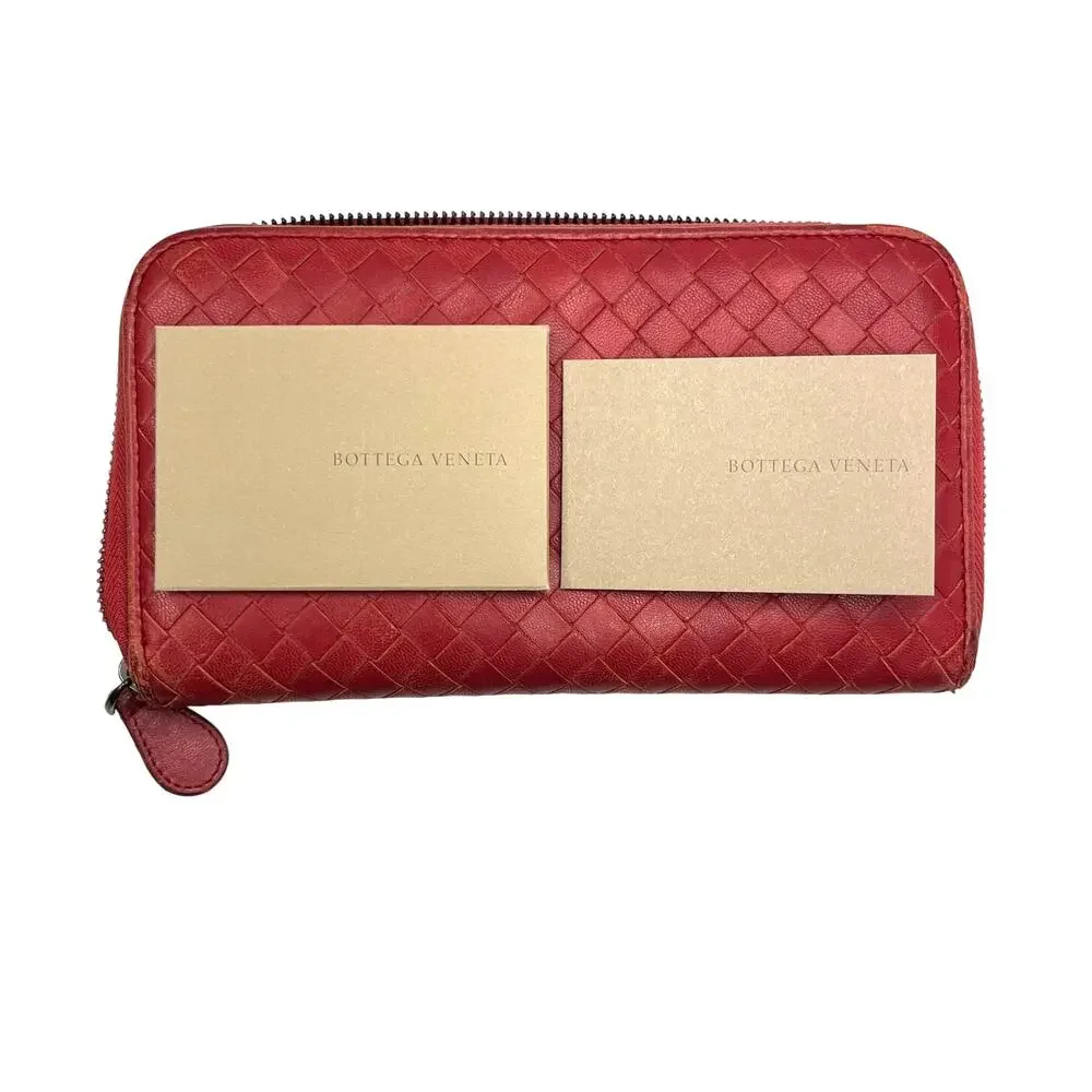 Bottega Veneta Intrecciato Red Leather Zip Around Continental Wallet